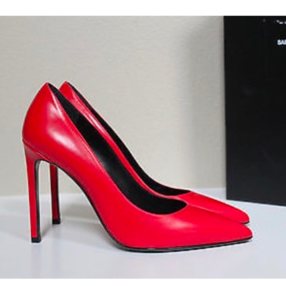 GUARANTEED AUTHENTIC SAINT LAURENT ANJA 105 RED LEATHER ESCARPIN PUMP- 37 1/2 - Picture 7 of 13